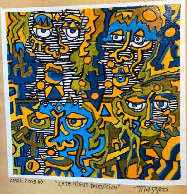 A painting of faces with blue and yellow colors