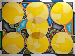 A painting of yellow circles with blue and red accents.