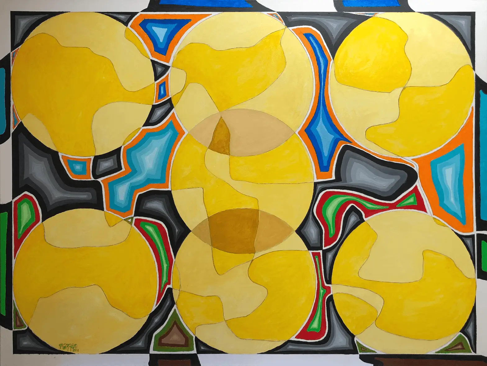 A painting of yellow circles with blue and red accents.
