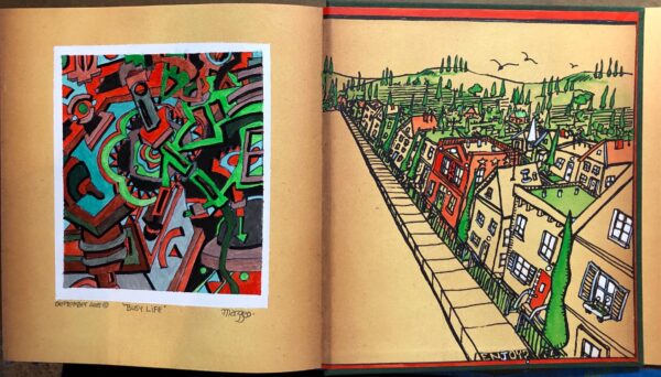 A book with an image of a city and graffiti.