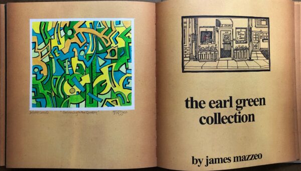 A book with an abstract painting on the left page and a drawing of a building in the background.
