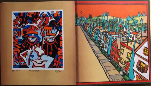 A book with two paintings of people and buildings.