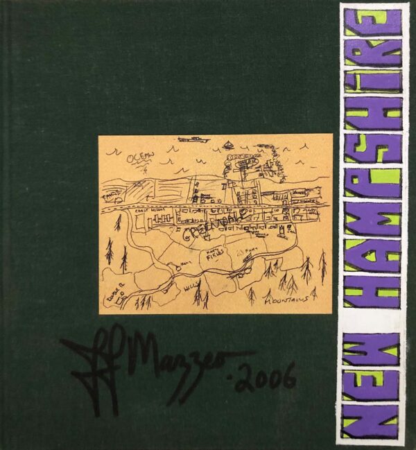 A book cover with a drawing of a town.