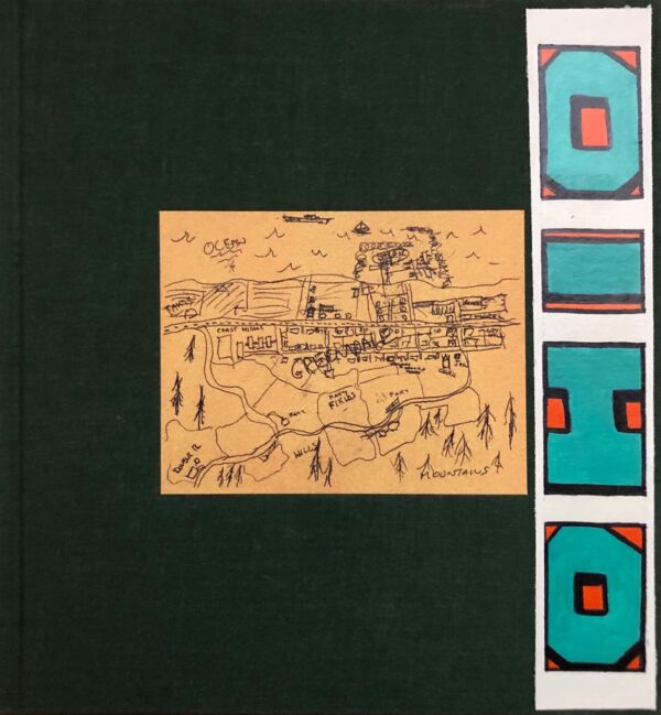 A book cover with a drawing of a city.