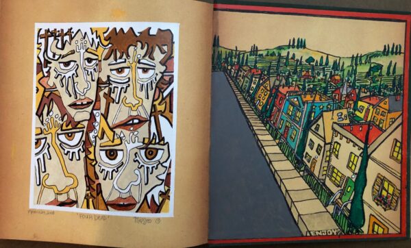 A book with two paintings of faces and buildings.