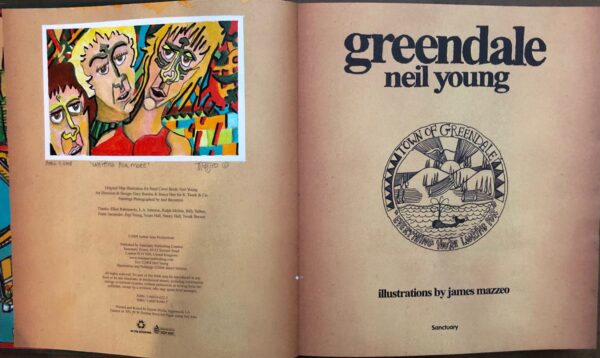 A book opened to the title page of neil young 's " greenleaf ".
