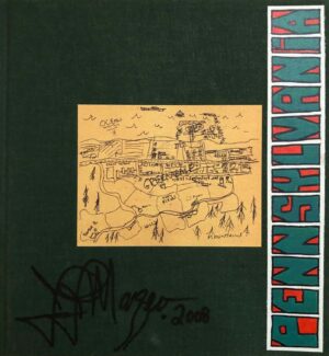 A book cover with a drawing of a building and trees.