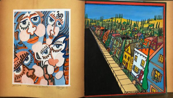 A book with two paintings of people and buildings.