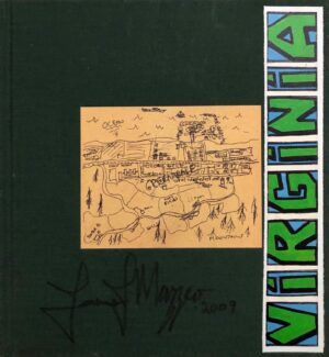 A book cover with a drawing of a town.