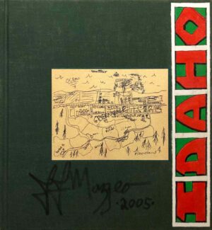 A book cover with a drawing of a city on it