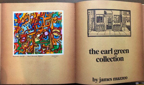 A book with an abstract painting on the left page.
