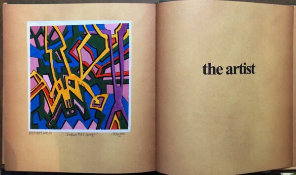 A book with an abstract painting on the page.