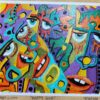 A painting of many different faces with colorful background