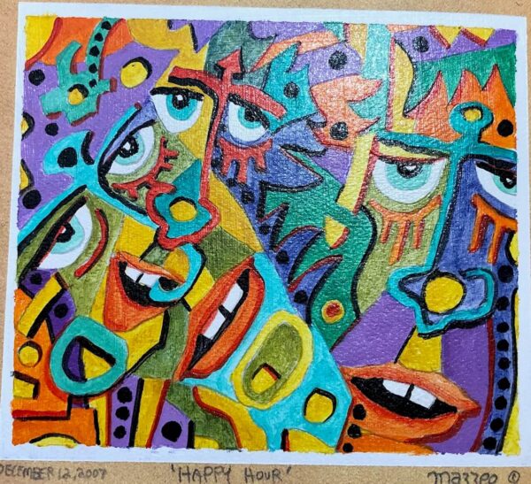 A painting of many different faces with colorful background
