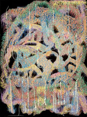 A painting of a colorful pattern with dripping paint.