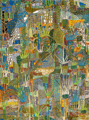 A painting of many different plants and trees