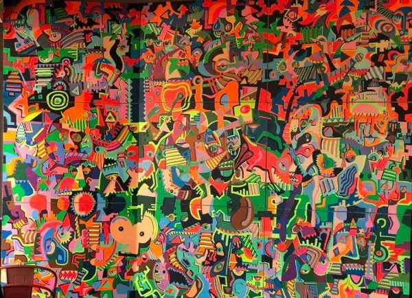 A colorful painting of many different shapes and colors