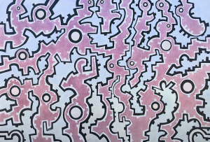 A pink and white abstract painting with black lines.