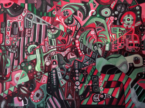 A painting of various shapes and colors in red, green and black.