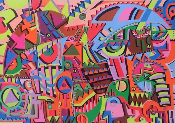 A colorful painting of various shapes and colors.