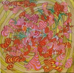 A painting of pink and red swirls in the center.
