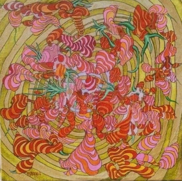 A painting of pink and red swirls in the center.
