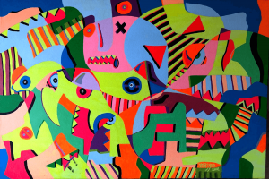 A colorful painting of various shapes and colors.
