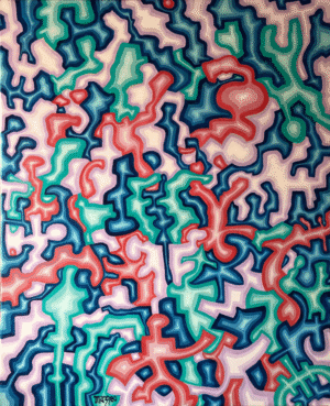 A colorful painting of a pattern in red, white and blue.