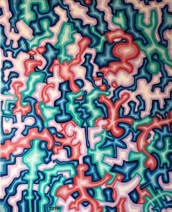 A colorful painting of a pattern in red, white and blue.