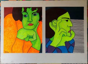 Two paintings of a woman and man with green skin.