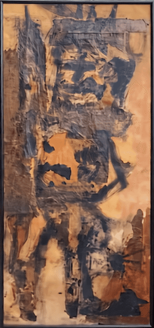 A painting of an abstract image in brown and black.