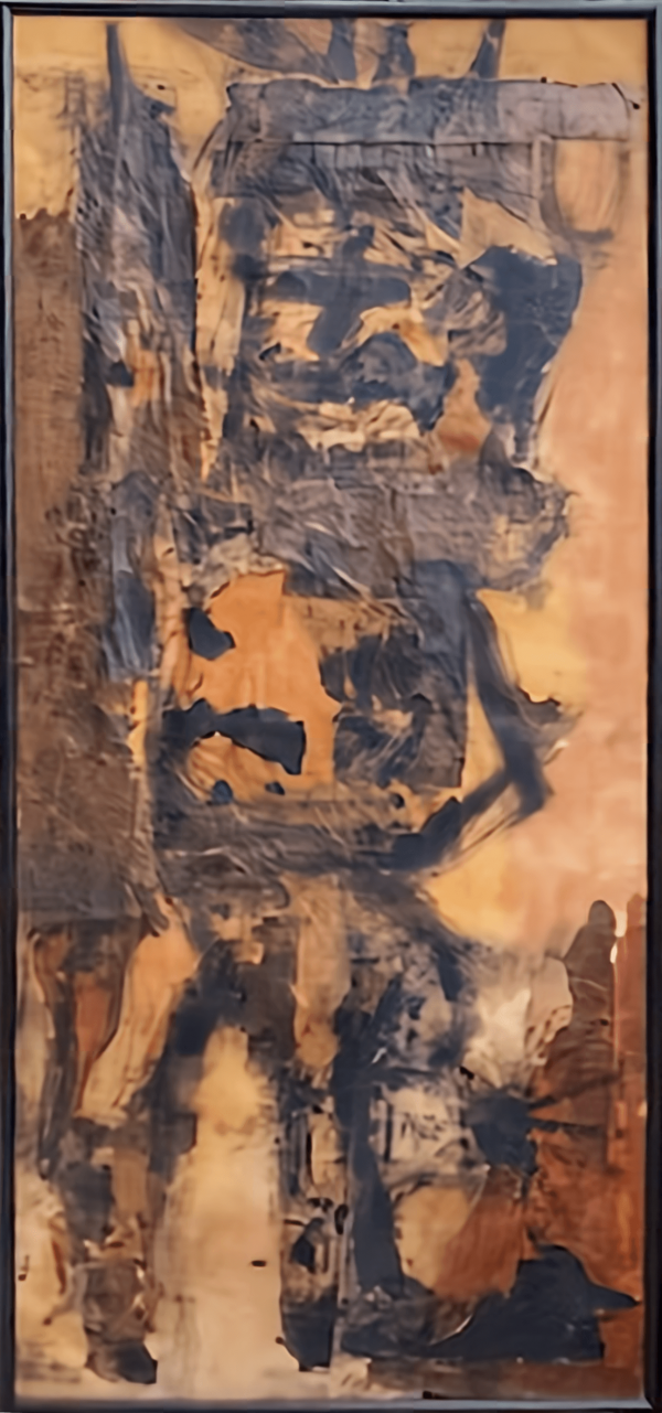 A painting of an abstract image in brown and black.