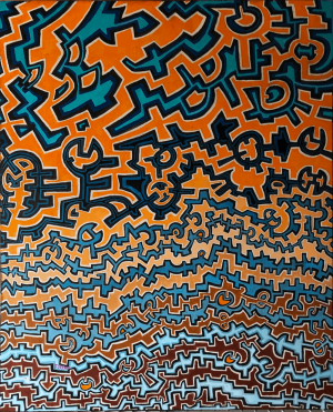 A painting of an orange and blue abstract pattern