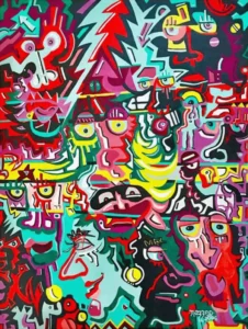 A painting of many different faces and some people