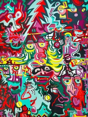 A painting of many different faces and some people