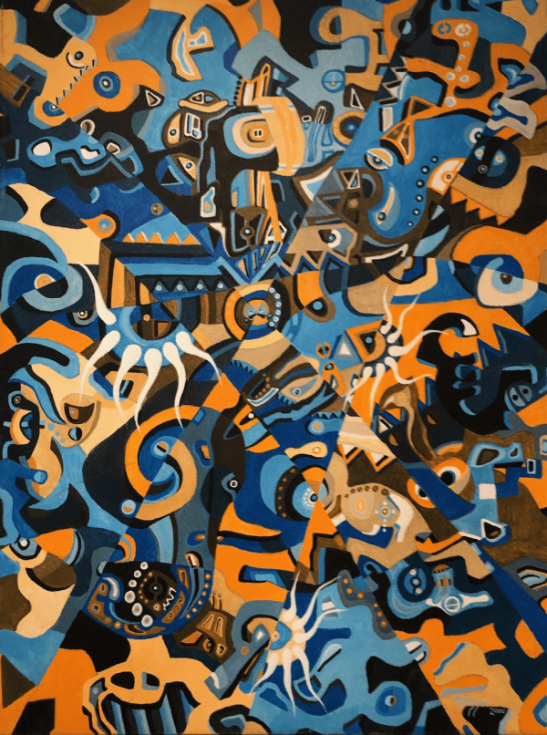A painting of various shapes and colors in blue, orange and black.