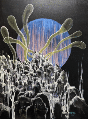 A painting of a blue moon and some plants
