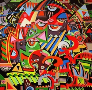 A painting of many different colors and shapes