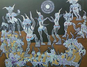 A painting of many people dancing in front of the sun.