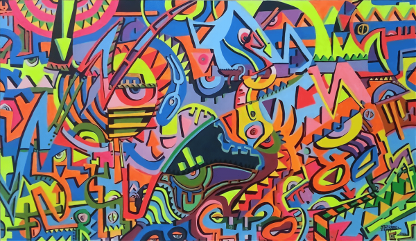 A painting of colorful graffiti on the side of a building.