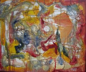 A painting of an abstract scene with yellow, red and blue colors.
