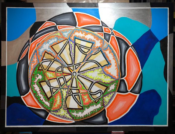 A painting of a colorful wheel on top of a metal surface.