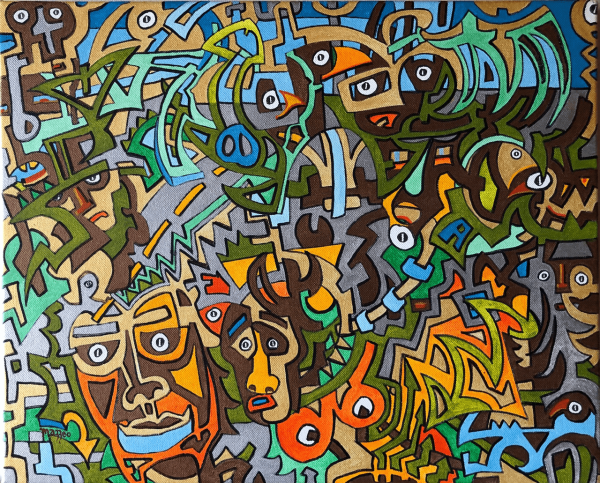 A painting of faces and other abstract shapes.
