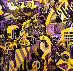 A painting of various shapes and colors in purple, yellow and black.