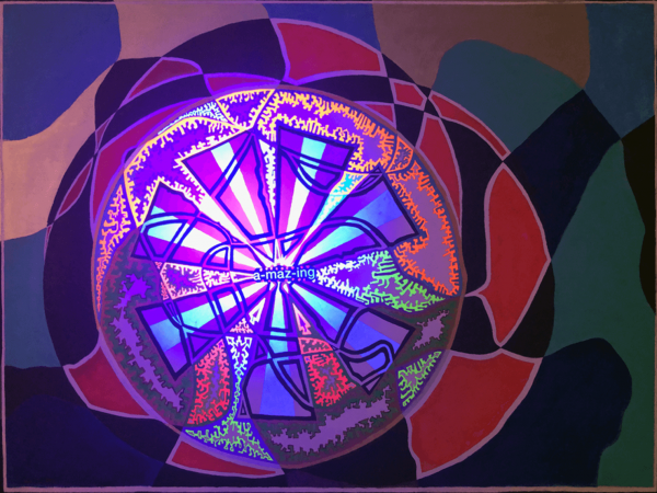 A colorful painting of a circular pattern with a light shining on it.