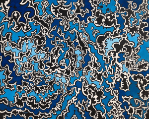 A blue and black abstract painting with white swirls.