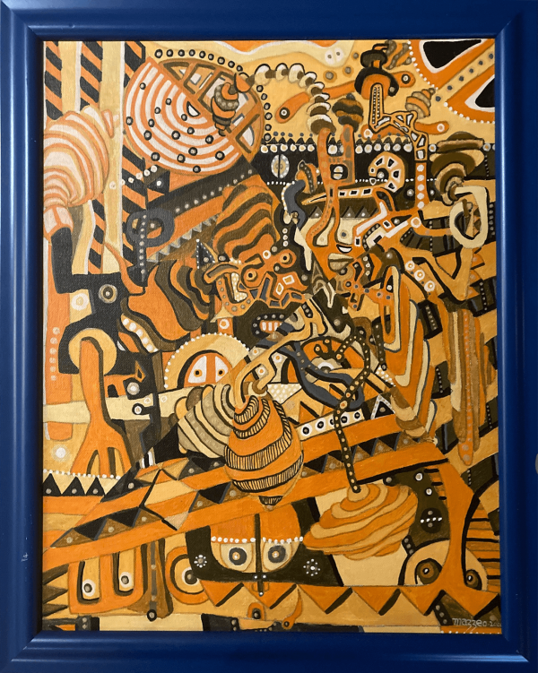 A painting of an abstract scene with orange and brown colors.