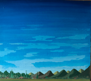 A painting of mountains and trees in the distance.