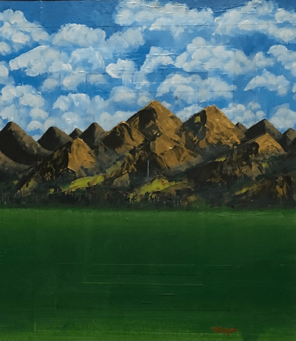 A painting of mountains with green grass in the foreground.
