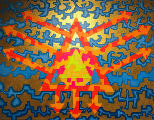 A painting of an abstract design with orange and blue shapes.